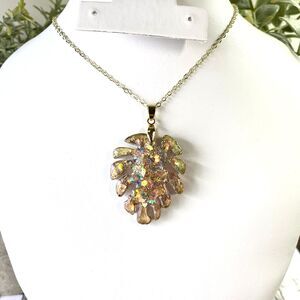 Handmade Gold Glitter Leaf Resin Pendant Necklace | Sparkle Nature Jewelry